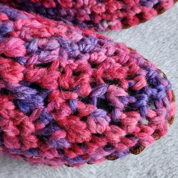 Wool Crochet Slippers Leather Sole Womens Medium Sherpa Wool Lined Cosy Winter - Picture 3 of 13